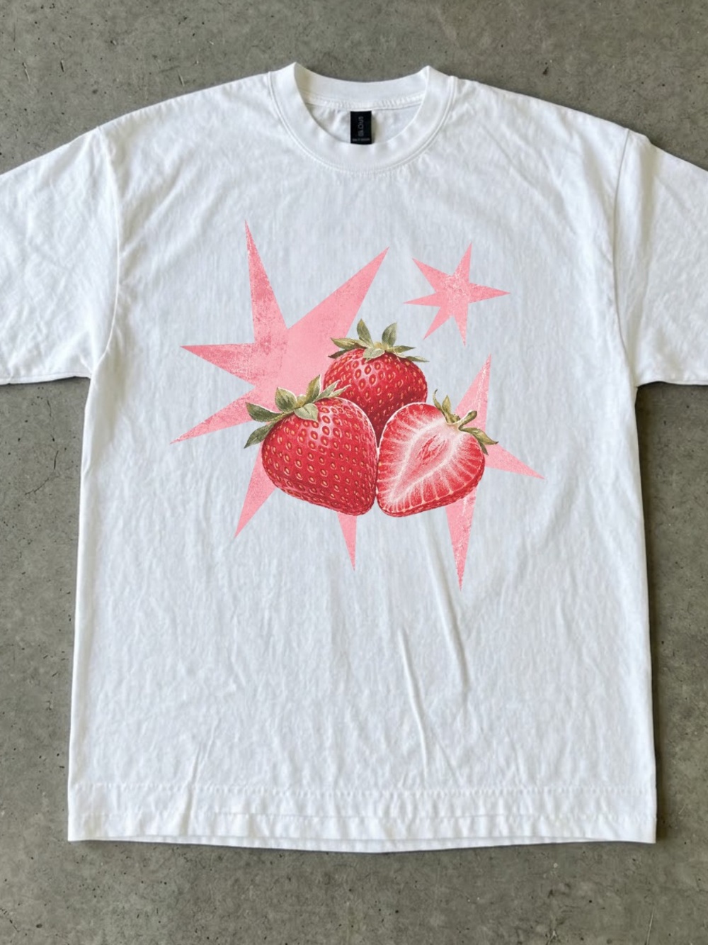Gildan White Tee with Pink & Red Strawberry Graphic